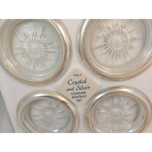 Leonard Crystal and Silver Coaster Ashtray Set Made in Italy Vtg New open box - Picture 3 of 6